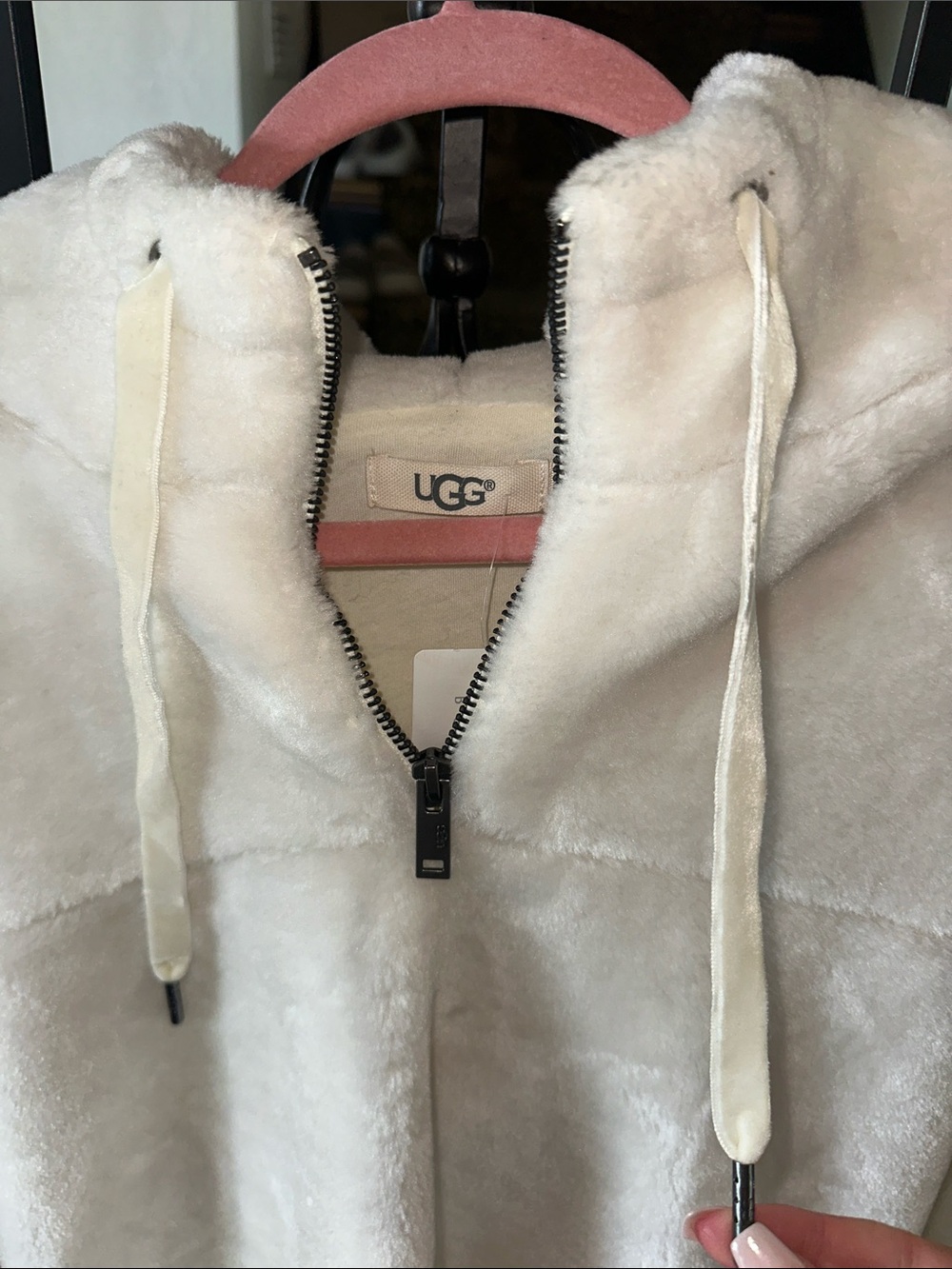 UGG Cream Plush Hooded Half-Zip Sweatshirt with Pink Trim - Picture 5 of 5